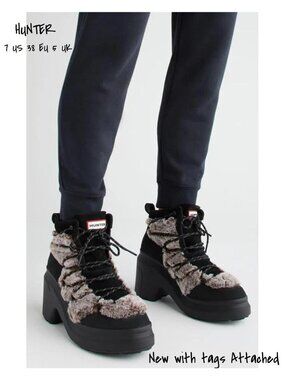 Hunter Women's Faux Fur Hiking Boots - Mid Lace Up, Size 7 US, New with Tag